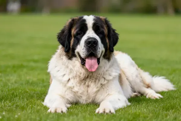 草地上的圣伯纳犬休息场景