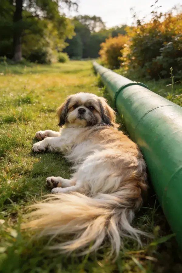 绿色管道旁草地上的长毛混种犬休憩图景