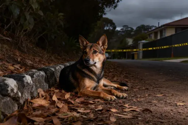 工作型牧羊犬在住宅区路边休憩场景