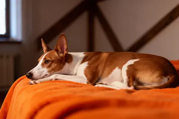 巴森吉犬在橙色床品上的休憩状态捕捉