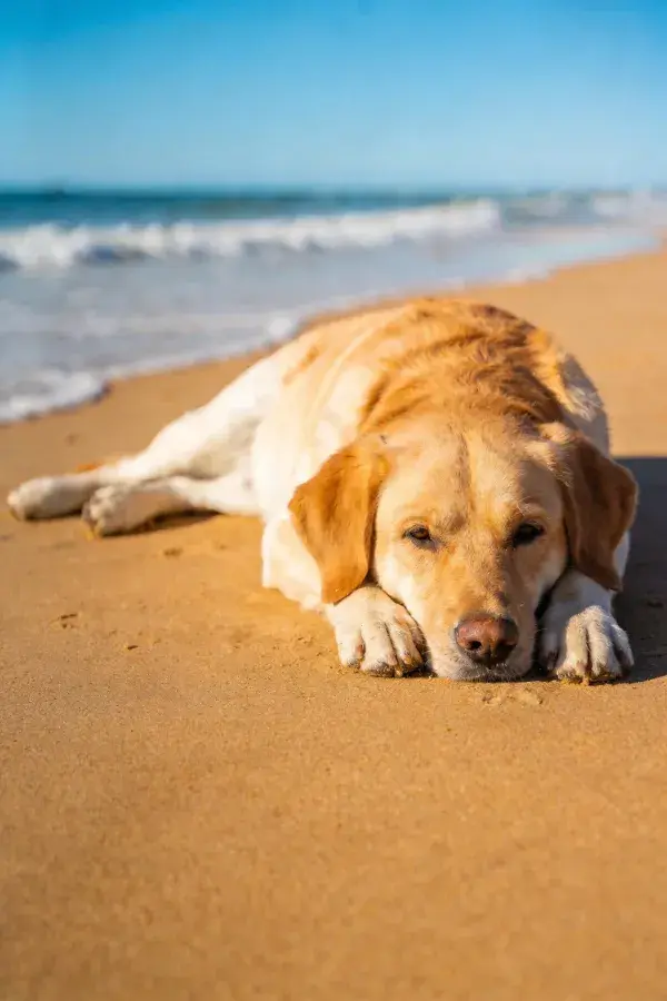 沙滩上休息的黄褐色拉布拉多猎犬