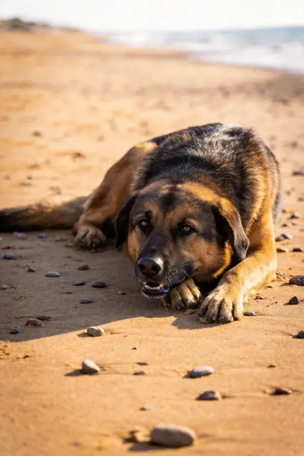 沙滩沙地上休息的德国牧羊犬
