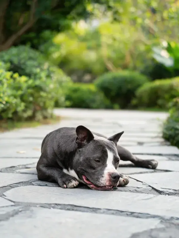 阳光下石板路上的美国比特犬休息场景