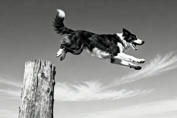 边境牧羊犬跳跃过木桩场景