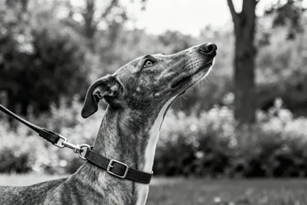 阳光下灵缇犬仰望特写场景