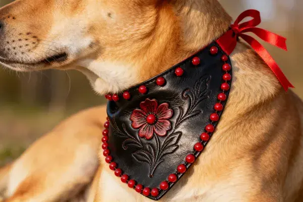 阳光下戴装饰项圈的黄毛家犬特写镜头