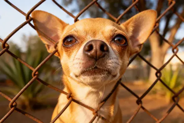 吉娃娃犬透过铁丝网观察