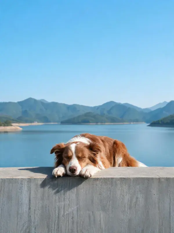 湖边混凝土护栏旁的边境牧羊犬休憩场景