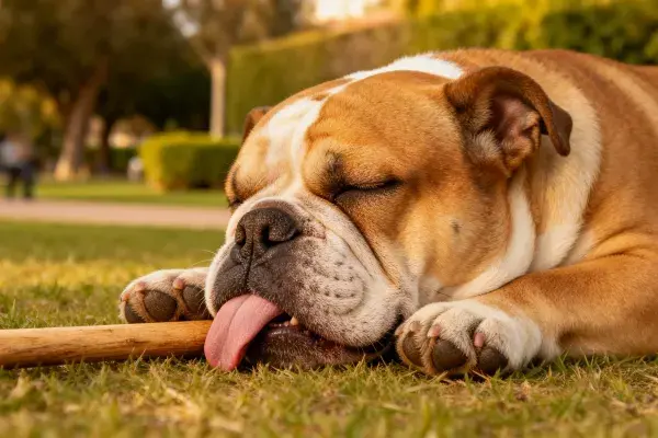 英国斗牛犬在草地玩耍休息场景