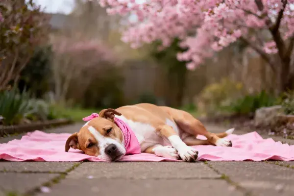 粉色毯子上的拳师犬休憩图