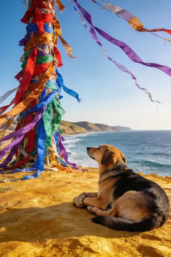 沙滩上黑棕相间的混血犬凝望