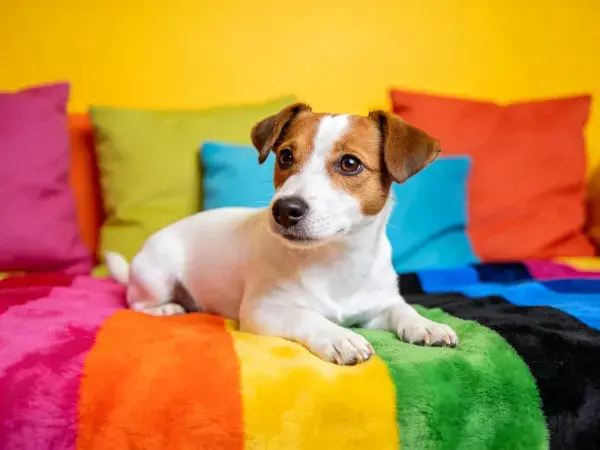 彩色毛毯上杰克罗素梗犬休息场景