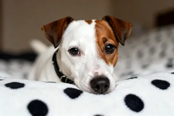 杰克罗素梗犬趴卧在圆点毯上