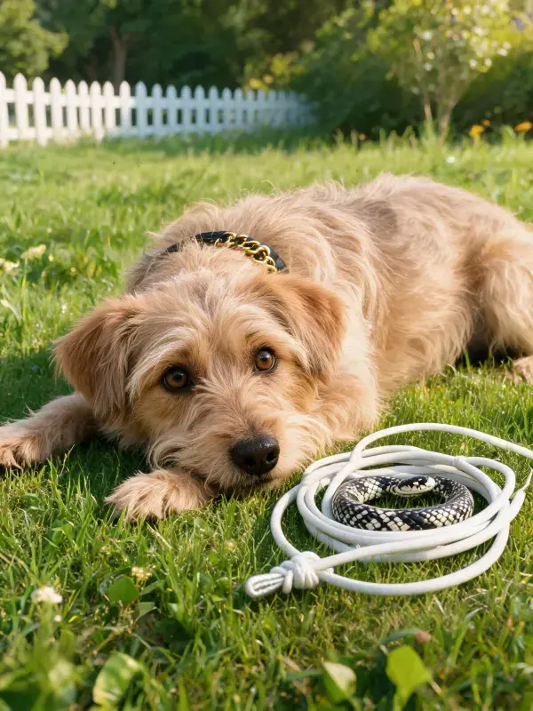绿草地上的小型混血梗犬与玩具绳索