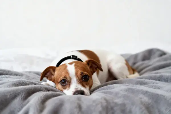 杰克罗素梗犬静卧灰色织物上