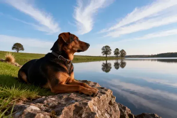 德国牧羊犬静坐湖畔岩石处