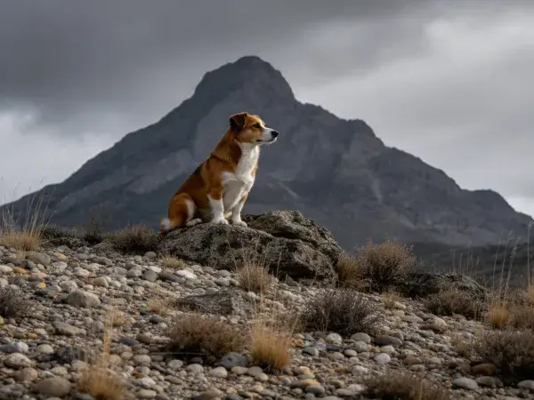 山地岩石处小型混种犬的户外景象