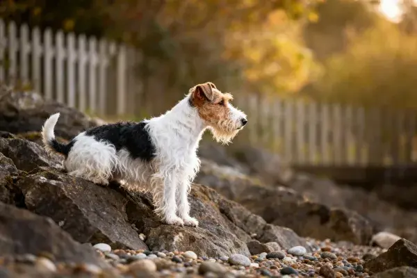 岩石上站立的黑白色硬毛狐狸梗犬特写