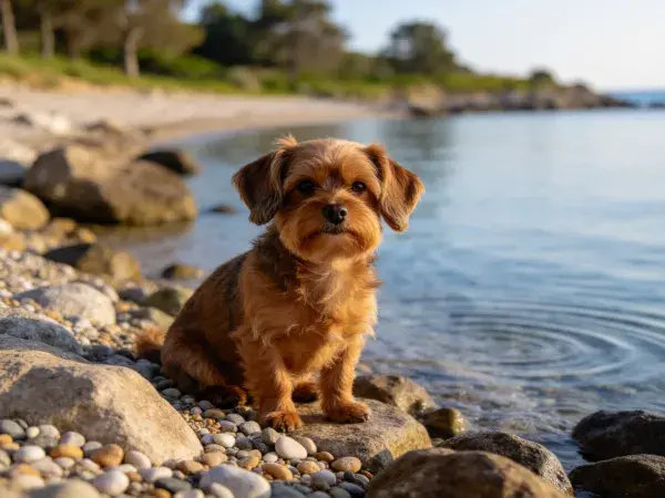 海岸岩石旁的小型卷毛猎犬特写