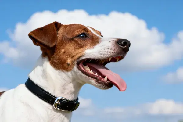 晴空下张嘴的杰克罗素梗犬