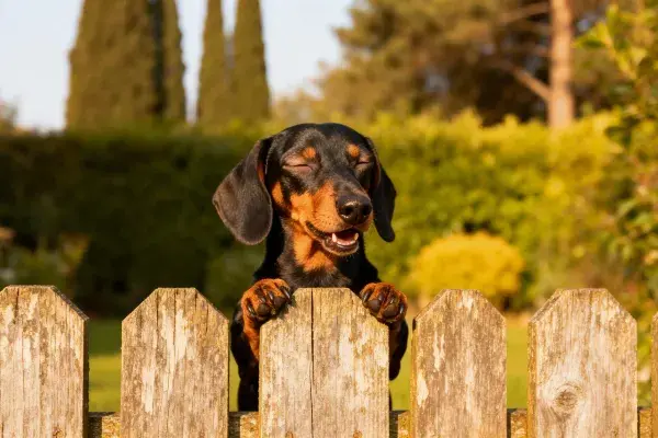 腊肠犬扒越木栅栏瞬间