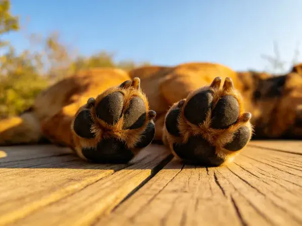 木板上德牧犬爪子的近距离特写场景