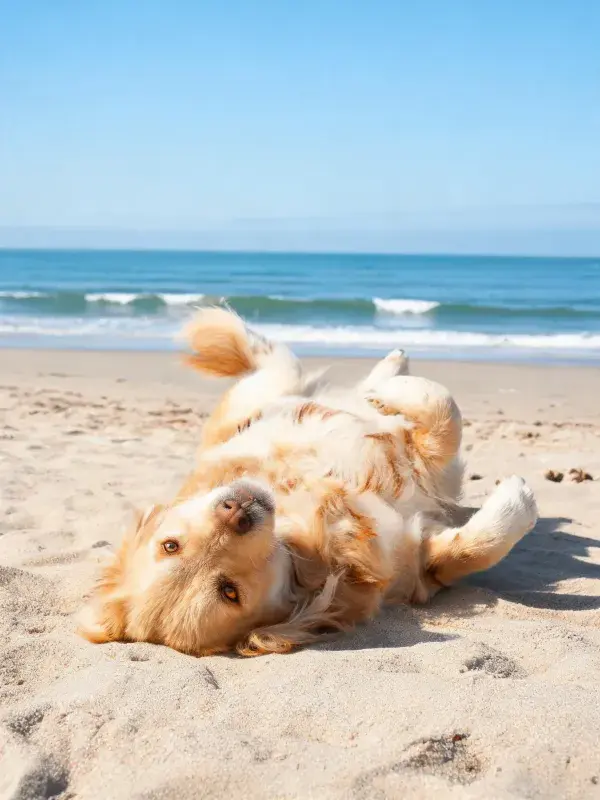 沙滩上的金毛猎犬玩耍场景