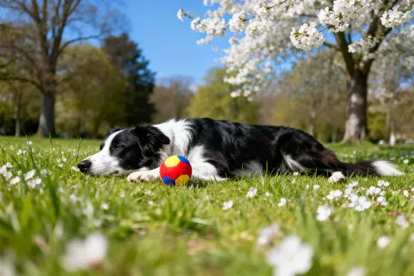 边境牧羊犬草地休憩特写