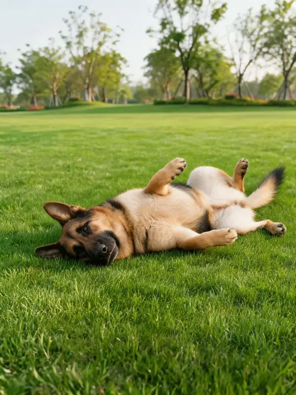 德国牧羊犬在草坪上打滚