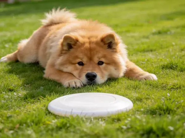 草地上的秋田犬与飞盘特写
