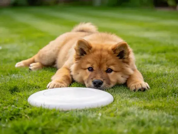草地上的柴犬幼犬休息场景