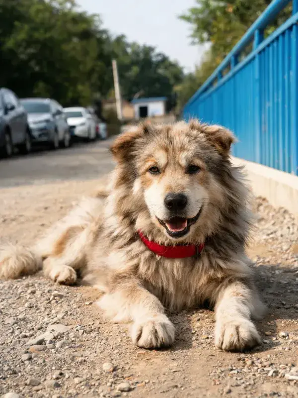 桥边石子路上高加索牧羊犬的特写