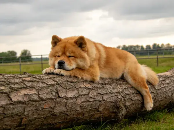 柴犬趴卧原木上的乡村场景抓拍