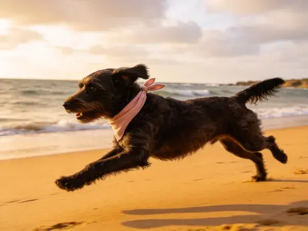 海滩上奔跑的卷毛小型犬
