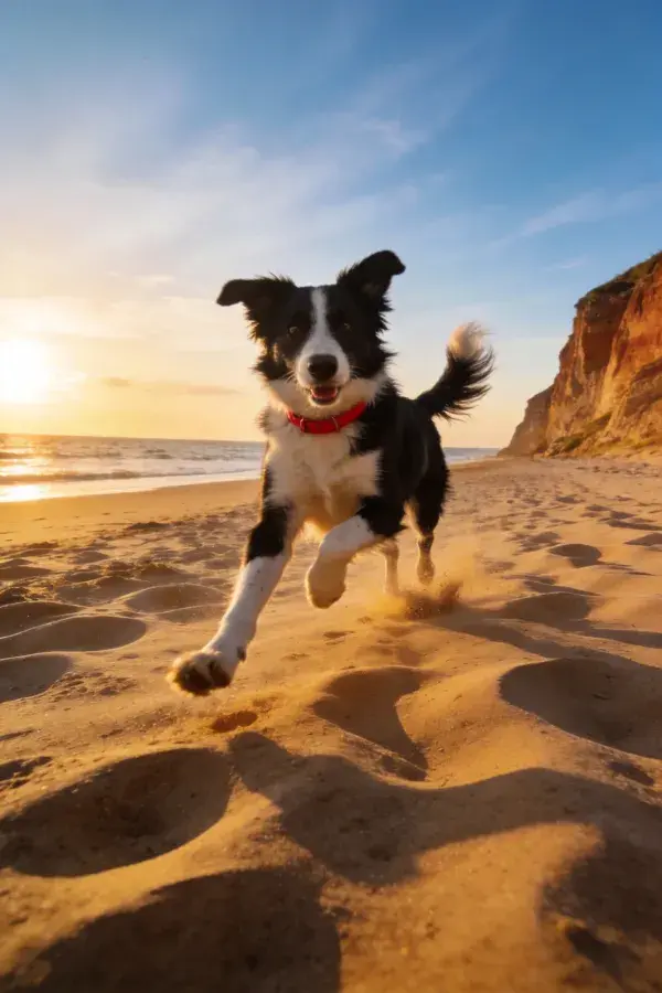 阳光沙滩上的边境牧羊犬奔跑瞬间
