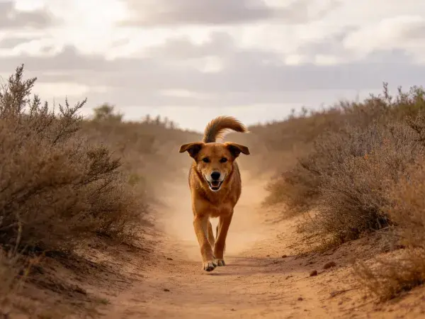 短毛混种犬奔跑于荒漠土路场景