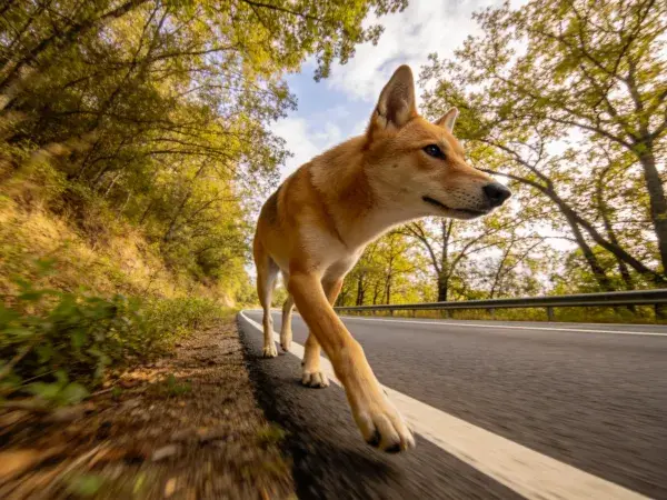 公路边缘行走的野生犬科动物