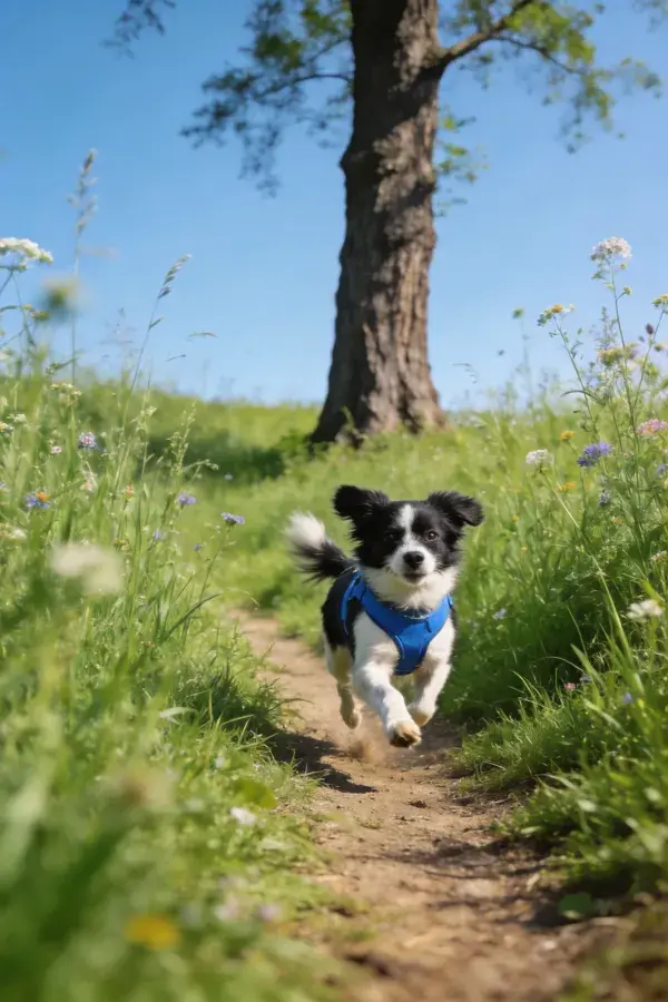 边境牧羊犬在野花小径奔跑