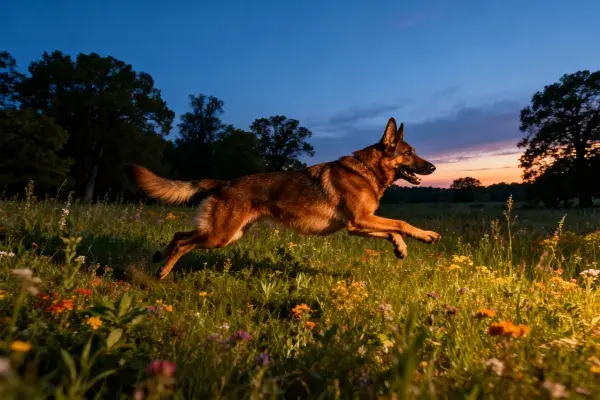 夕阳野花草地中跃动的德国牧羊犬