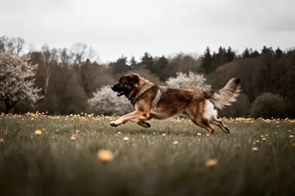 高加索犬在野花草地奔跑场景