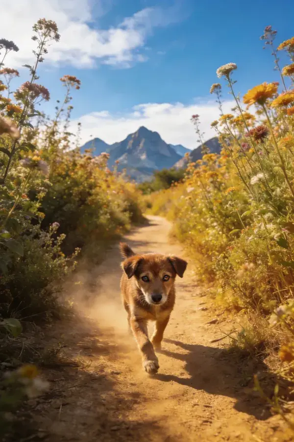 阳光小径上的短毛混血犬奔跑瞬间