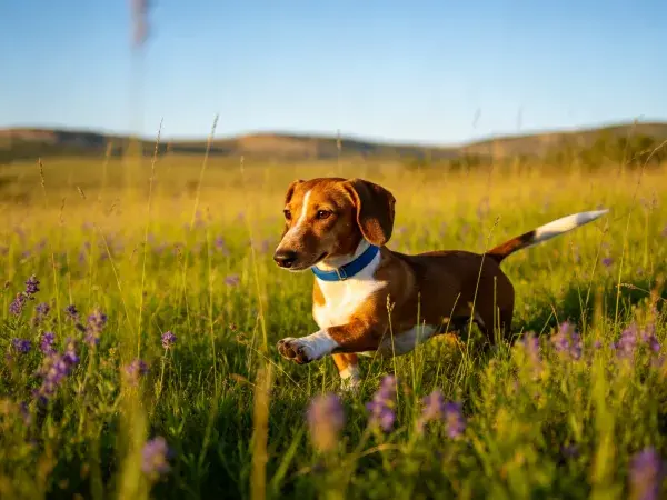 草地野花间的小型腊肠犬