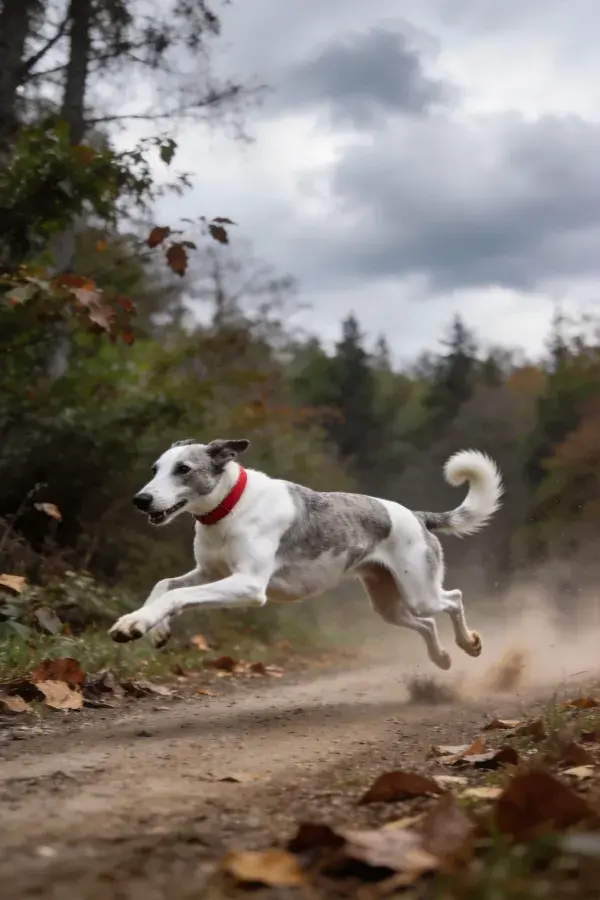 灰白相间的俄罗斯猎狼犬奔跑于土路