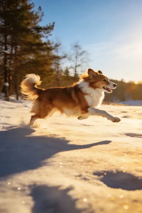 冬日雪地中苏格兰牧羊犬奔跑场景