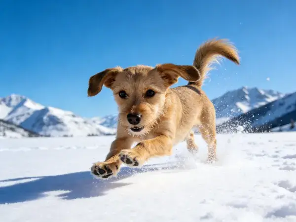 雪地中活泼的小型犬奔跑场景