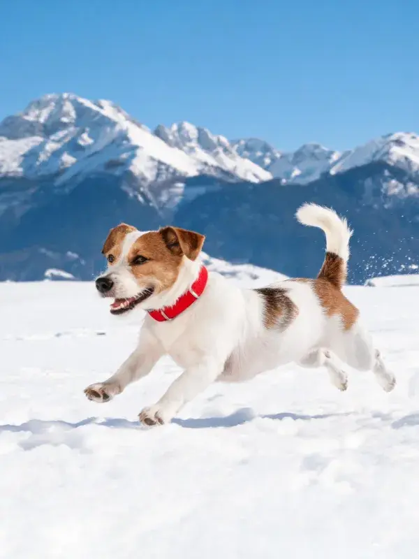 雪地山景中奔跑的杰克罗素梗犬