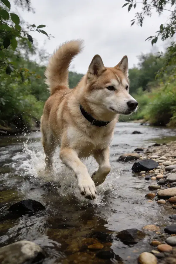 浅溪流水间浅棕白柴犬奔跑