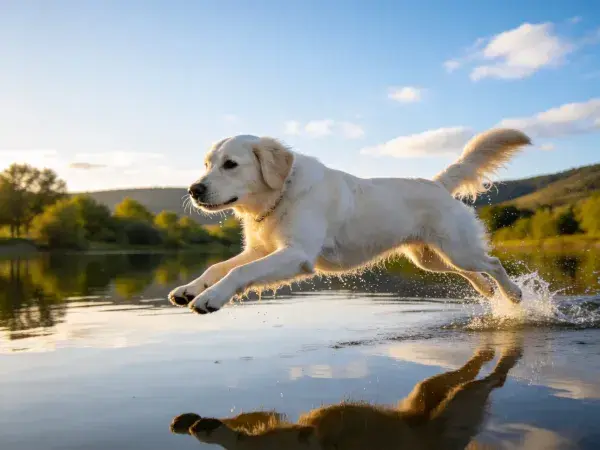 金毛寻回犬跳跃于水面场景