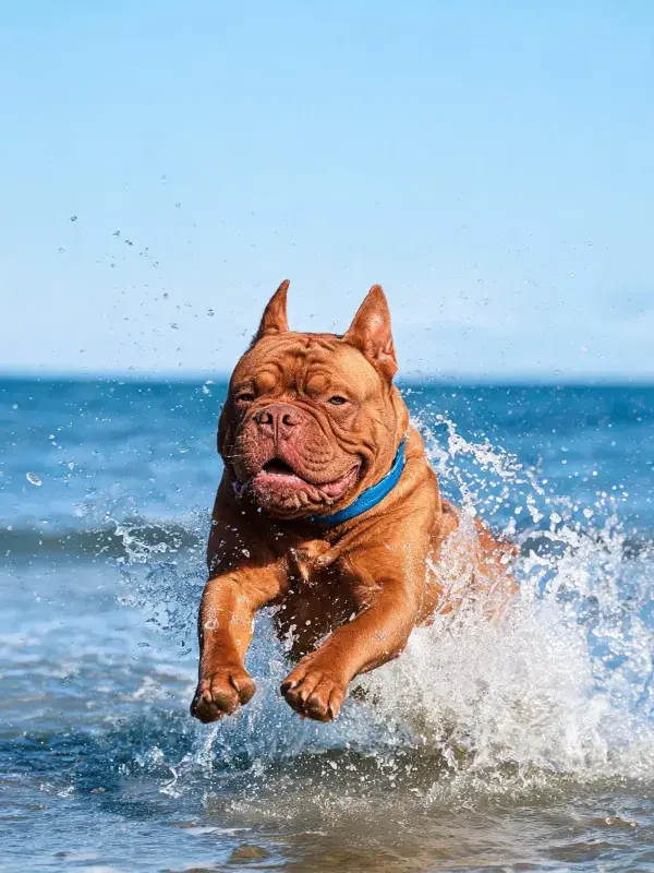 波旁杜宾犬在海浪中奔跑