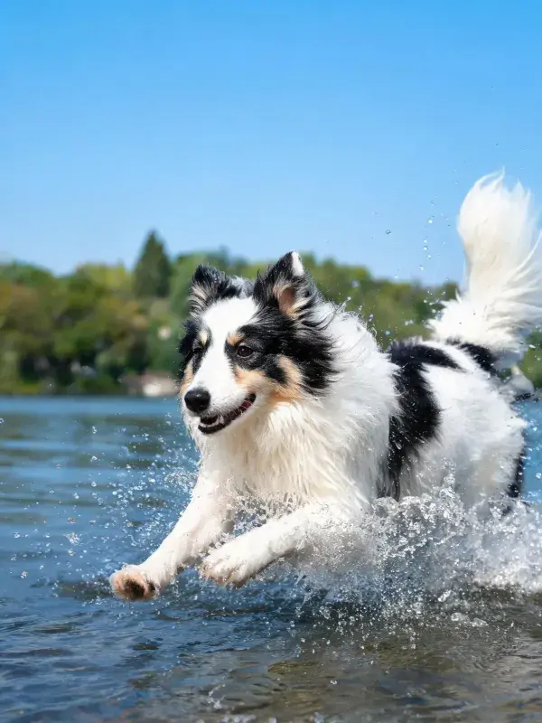 水域边奔跑的边境牧羊犬